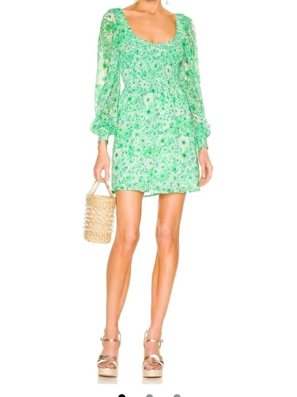 NWT Steve Madden size S green floral long sleeve flowy smocked mini dress.